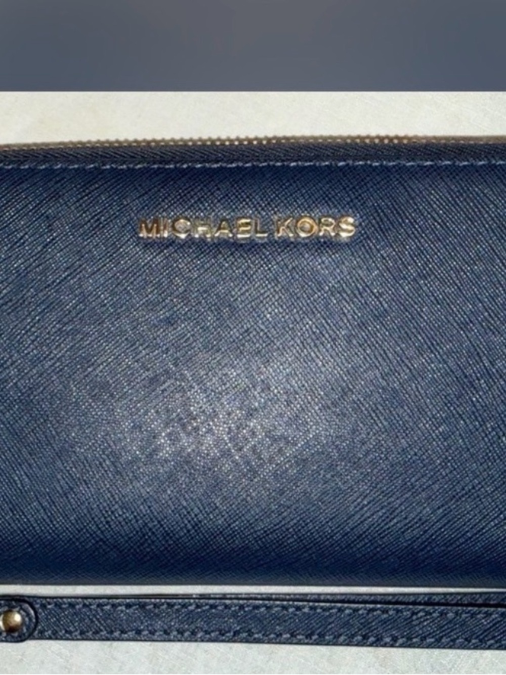 Michael Kors Navy Textured Leather Zip Wallet with Gold Logo